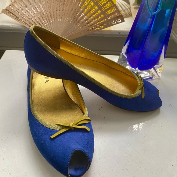 Prada Blue/Green Suede Peep Toe D'orsay Flats Size 38 1/2 - Picture 4 of 8